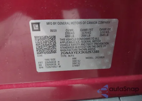 2019 Chevrolet Equinox Premier из США, поврежденный, VIN 2GNAXYEX3K6297285